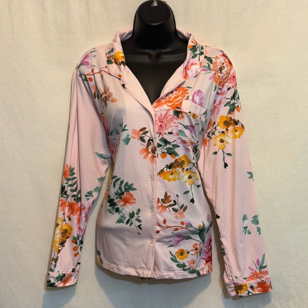 E-85 Flora Pink Floral Long Sleeve Button Front Pajama Top Size L
